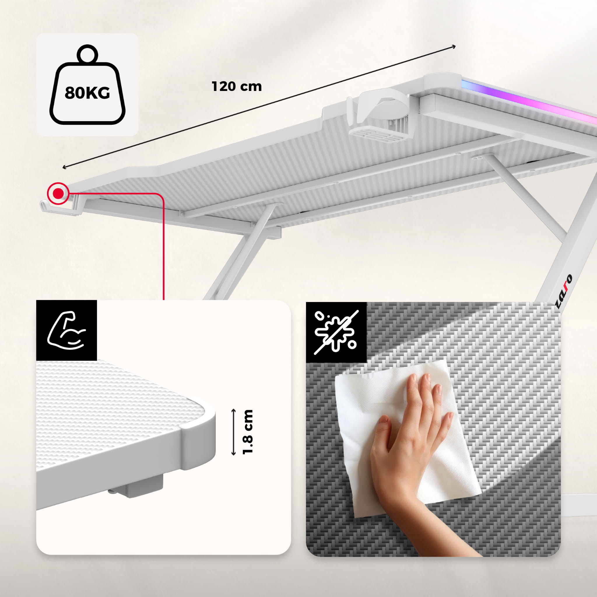 Huzaro Hero 2.5 RGB LED WHITE Gaming-Tisch