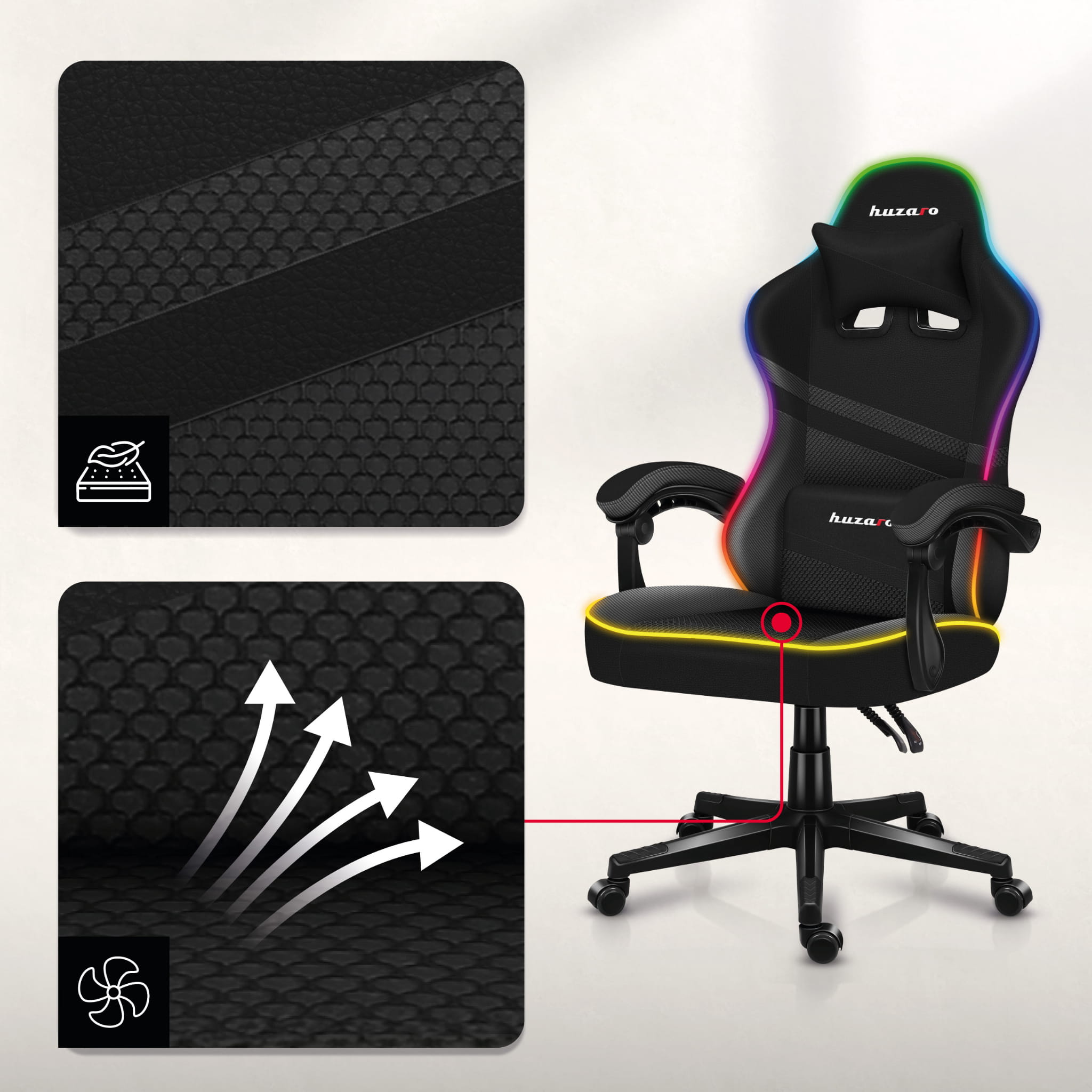 HUZARO FORCE 4.4 RGB LED Schwarz Mesh Gaming-Stuhl