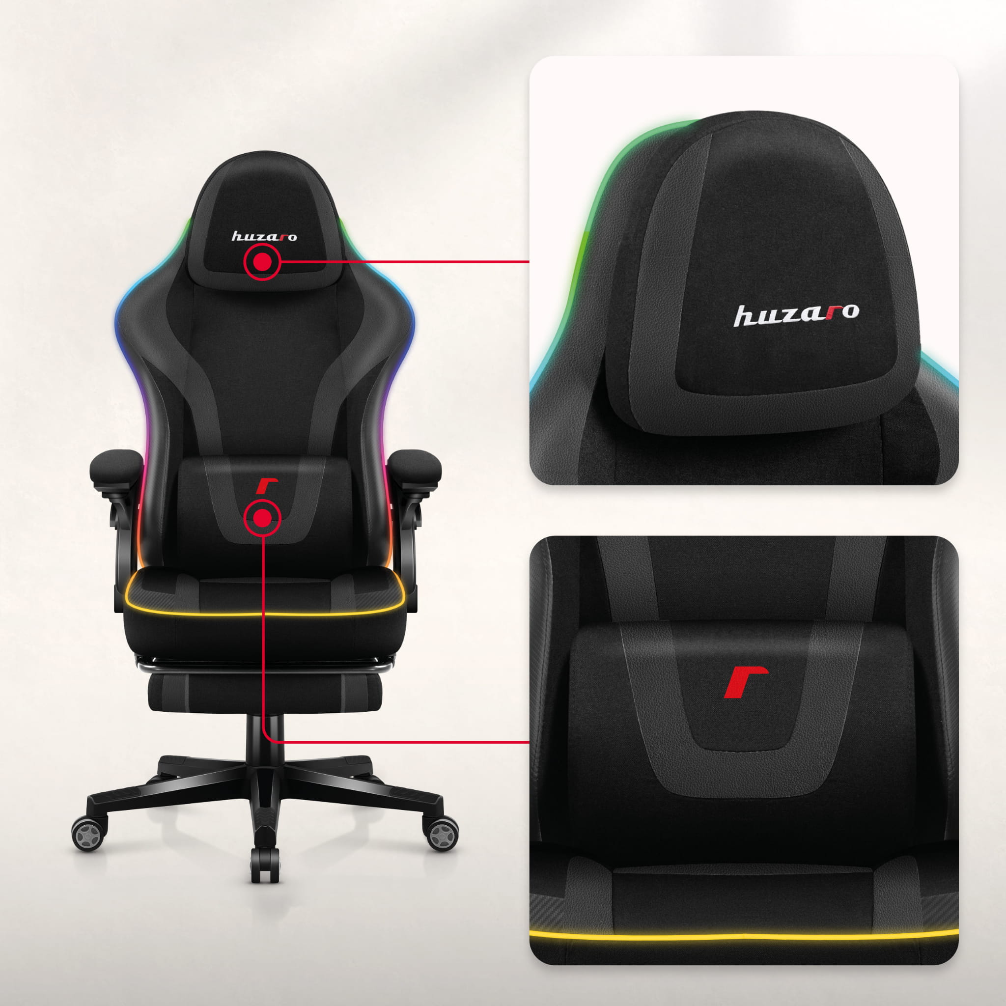 Huzaro Force 4.6 Schwarz Mesh RGB LED Smart Gaming-Stuhl