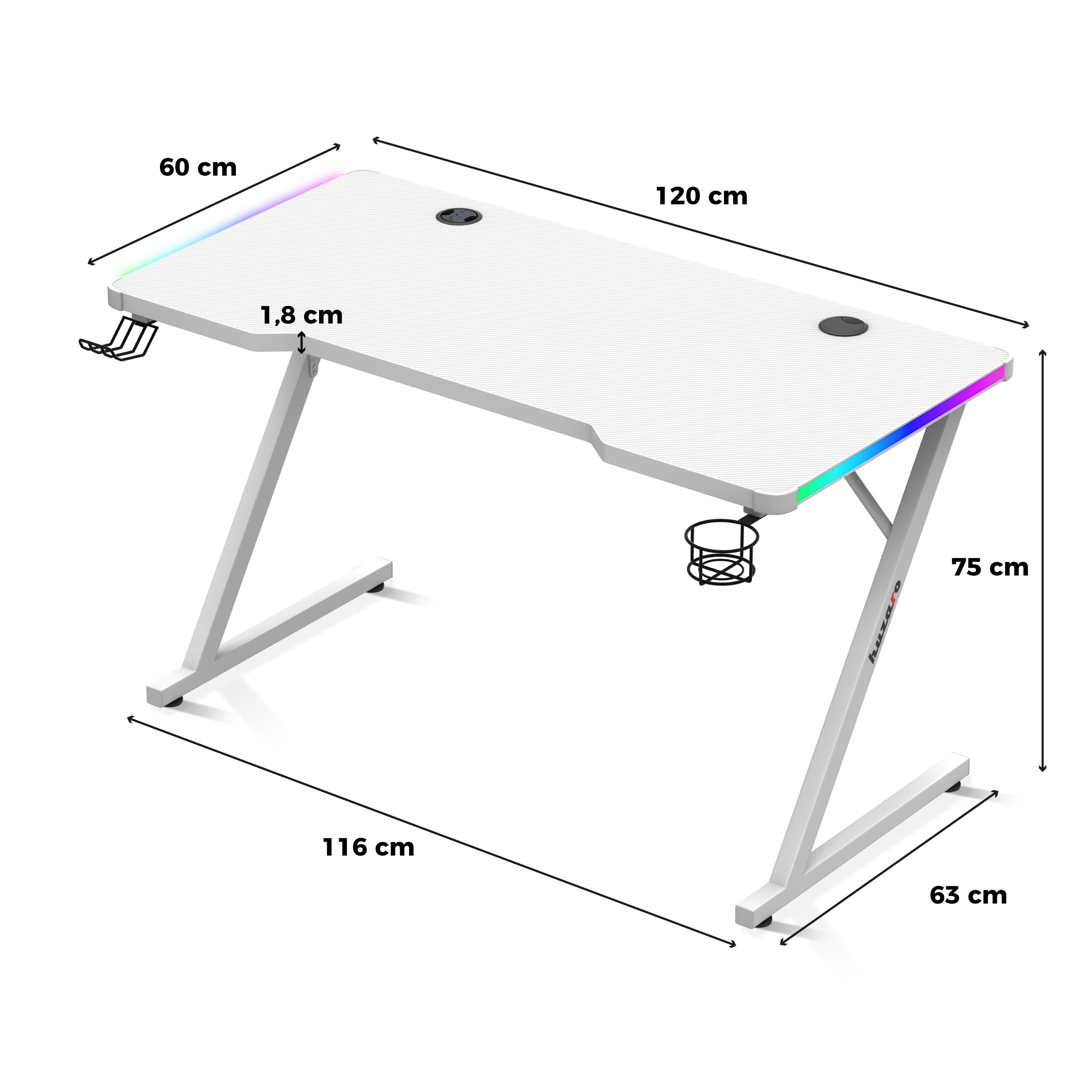 Huzaro Hero 2.5 RGB LED WHITE Gaming-Tisch