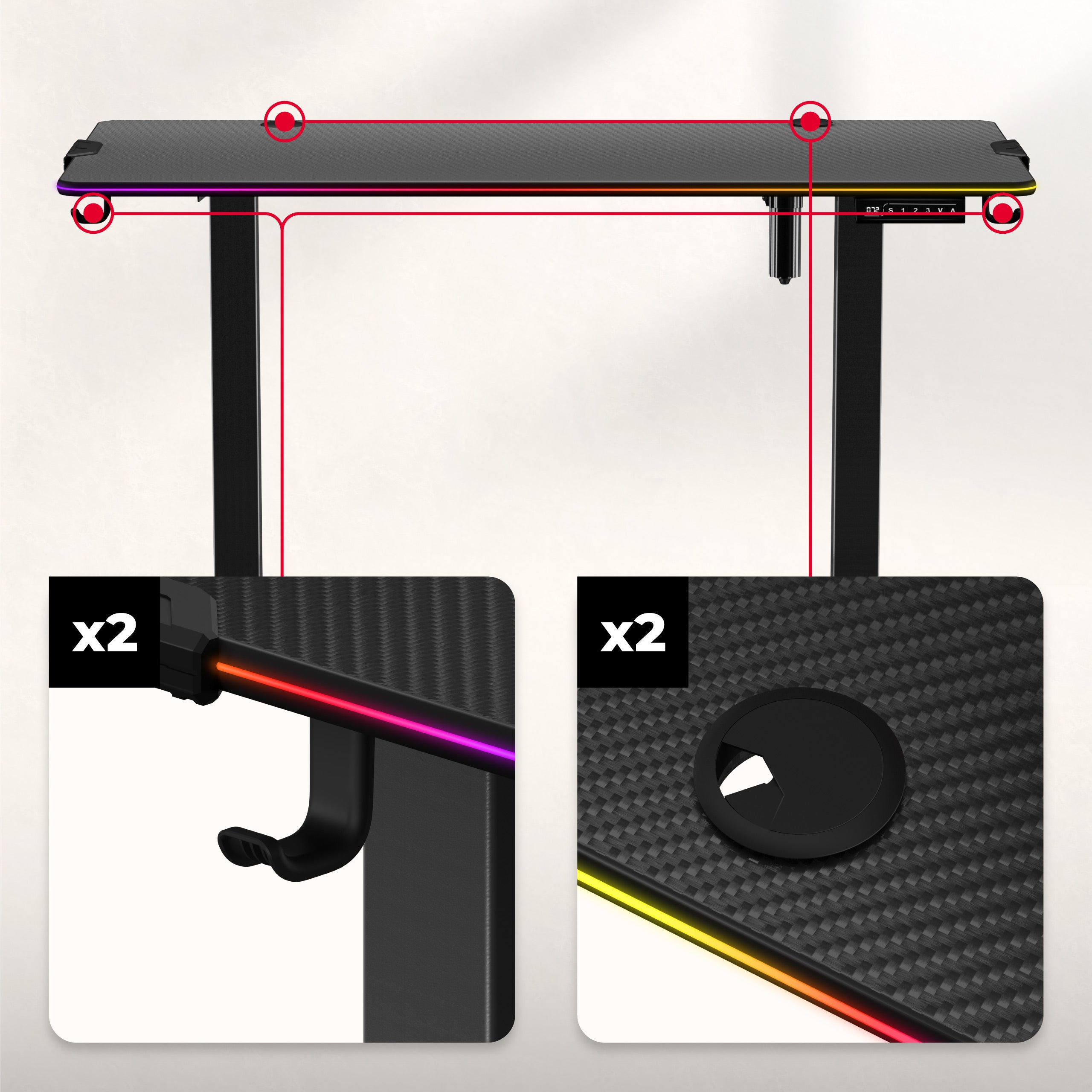 2 Kabeleinlässe 0raz 2 Rucksack- oder Taschenhalter