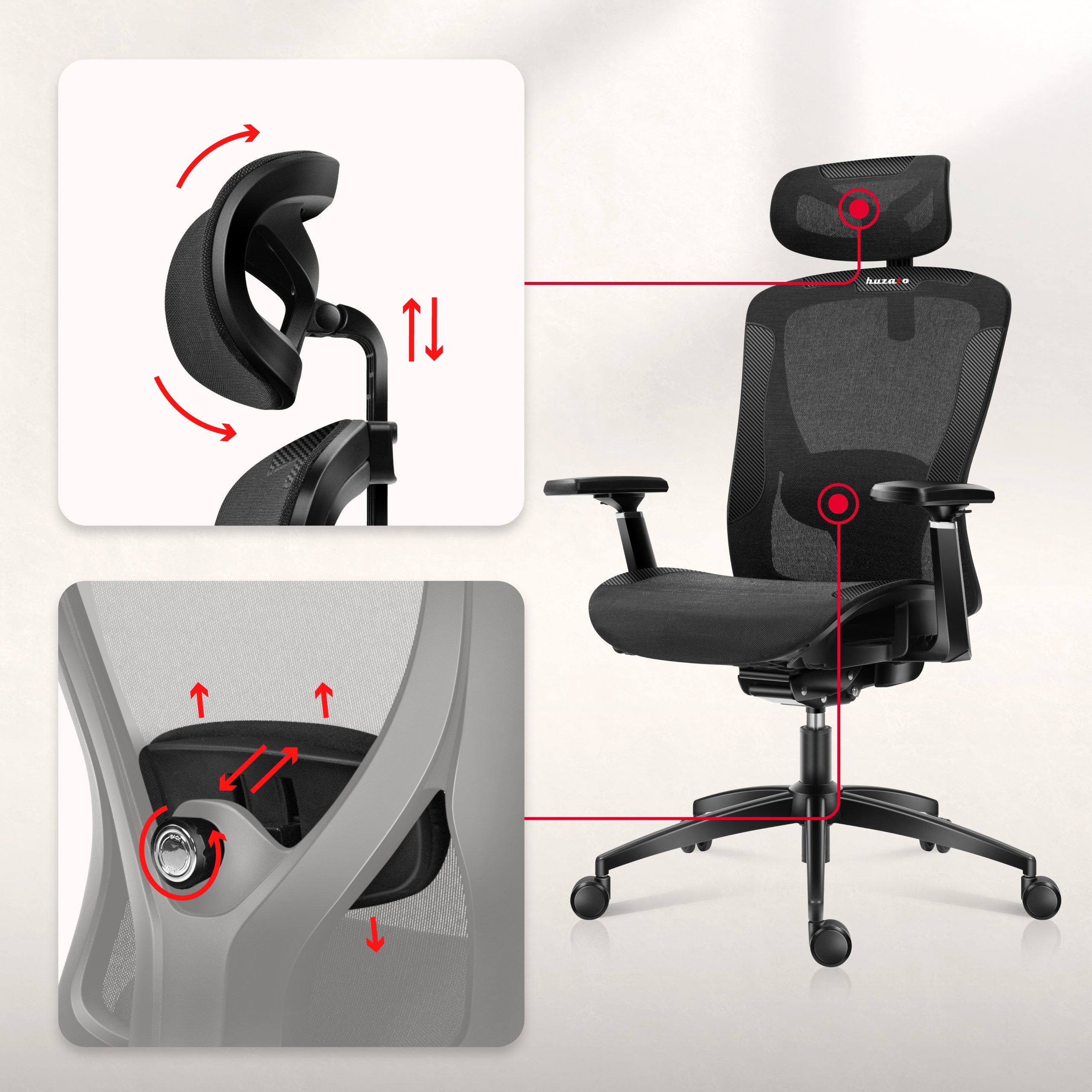 Verstellbare 2D-Lendenwirbelstütze und verstellbare Kopfstütze